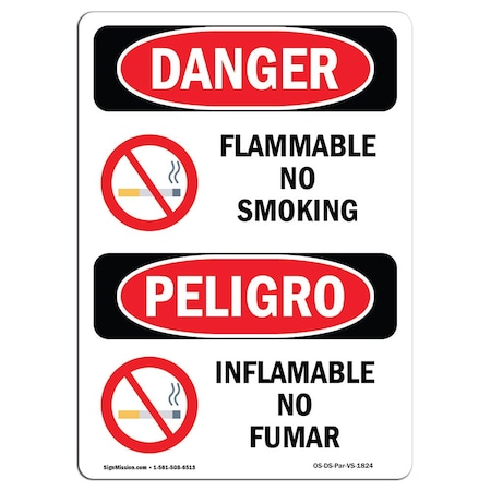 OSHA Danger Sign, Flammable No Smoking Bilingual, 10in X 7in Rigid Plastic